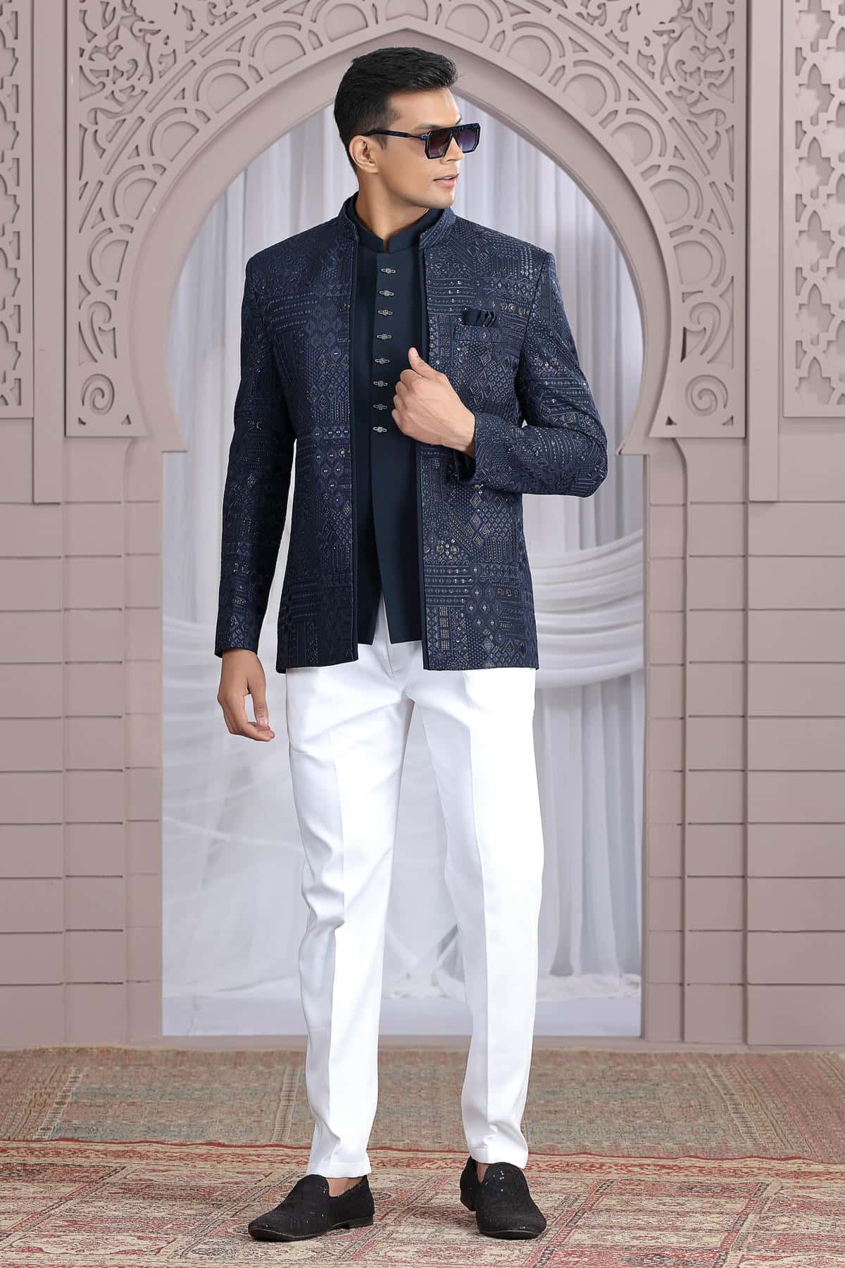 Navy Blue Colour Thread Work Embroidery Art Silk 3 Pcs Jacket Jodhpuri