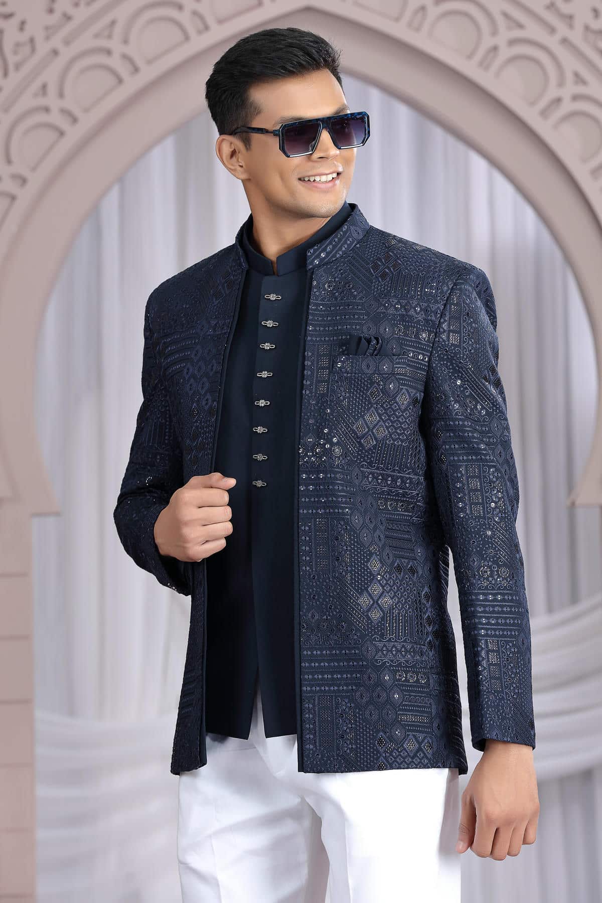 Navy Blue Colour Thread Work Embroidery Art Silk 3 Pcs Jacket Jodhpuri
