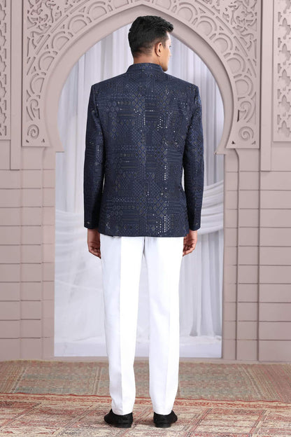 Navy Blue Colour Thread Work Embroidery Art Silk 3 Pcs Jacket Jodhpuri