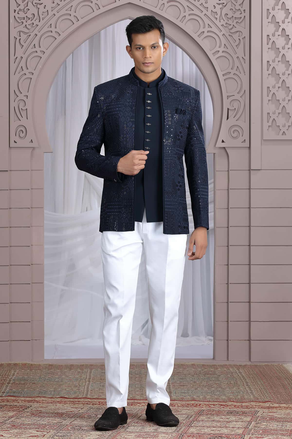 Navy Blue Colour Thread Work Embroidery Art Silk 3 Pcs Jacket Jodhpuri