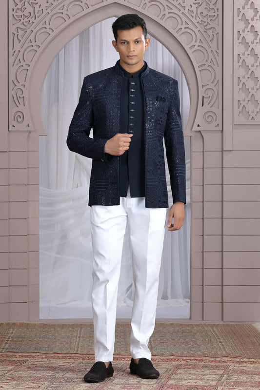 Navy Blue Colour Thread Work Embroidery Art Silk 3 Pcs Jacket Jodhpuri