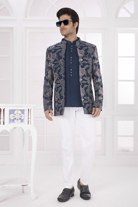 Navy Blue Colour Thread Work Embroidery Art Silk Jodhpuri