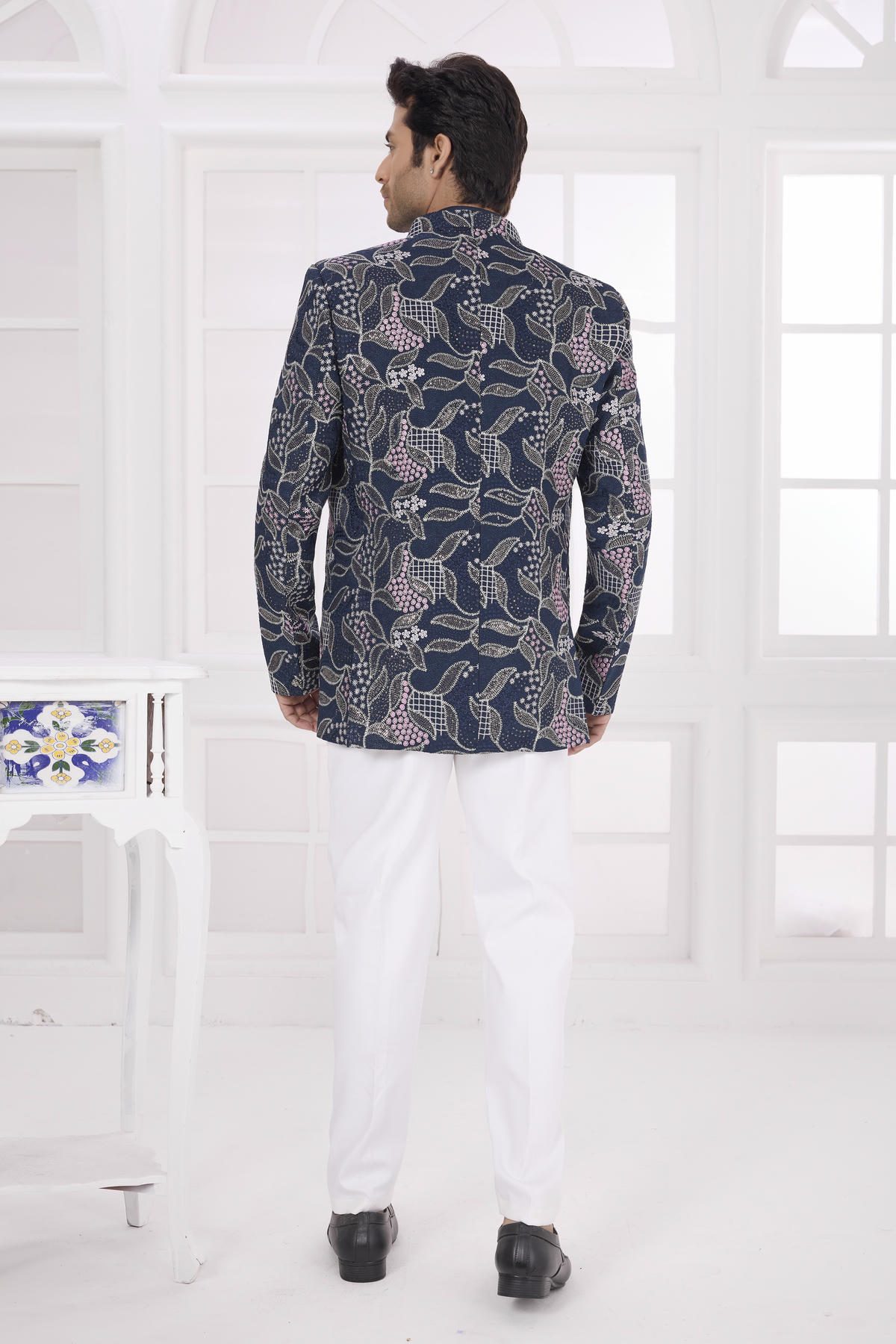 Navy Blue Colour Thread Work Embroidery Art Silk Jodhpuri
