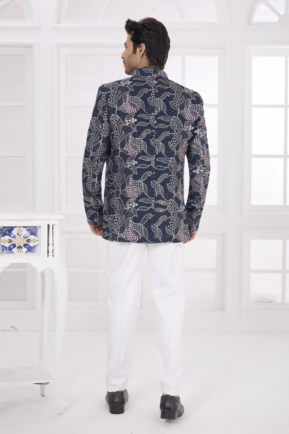 Navy Blue Colour Thread Work Embroidery Art Silk Jodhpuri