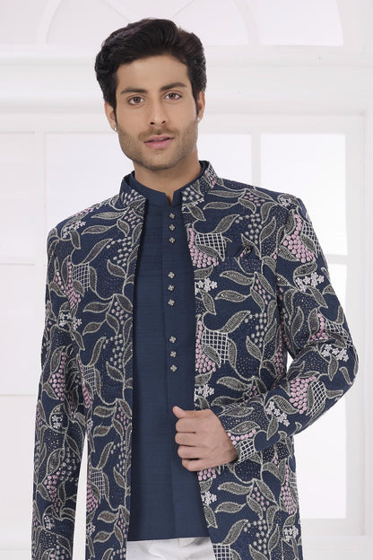Navy Blue Colour Thread Work Embroidery Art Silk Jodhpuri
