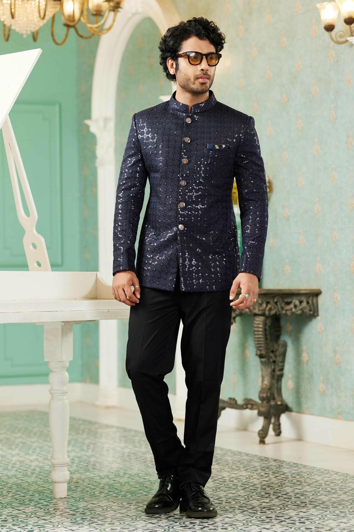 Navy Blue Colour Thread Work Embroidery Art Silk Jodhpuri Set JP1230636