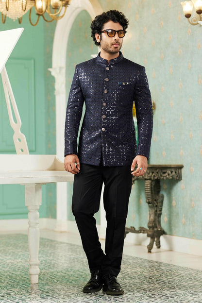 Navy Blue Colour Thread Work Embroidery Art Silk Jodhpuri Set JP1230636