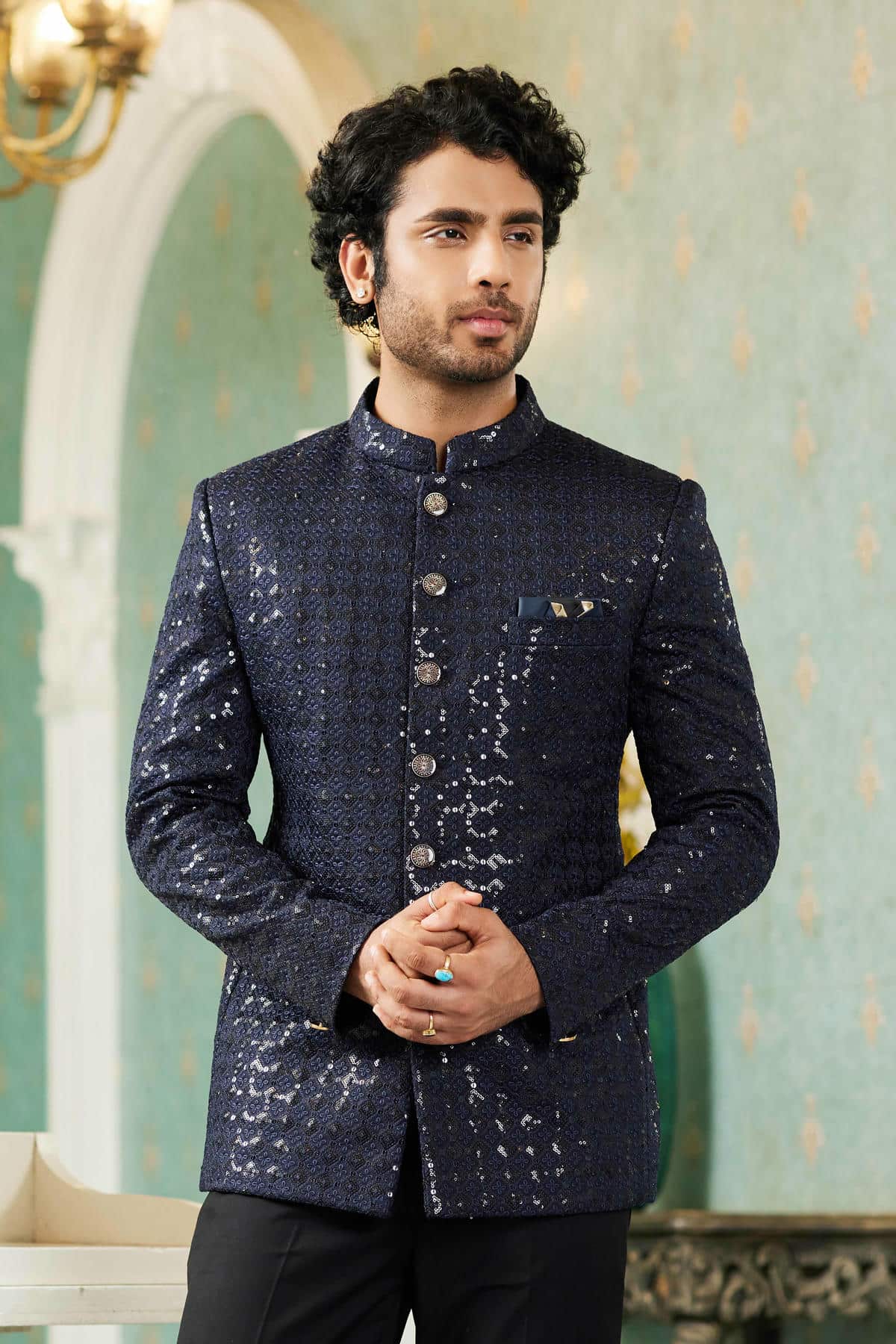 Navy Blue Colour Thread Work Embroidery Art Silk Jodhpuri Set JP1230636