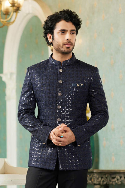 Navy Blue Colour Thread Work Embroidery Art Silk Jodhpuri Set JP1230636