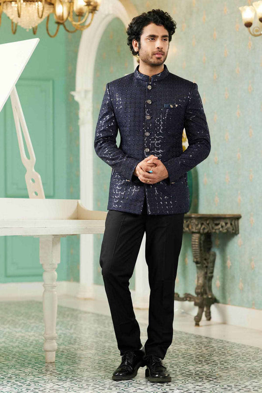 Navy Blue Colour Thread Work Embroidery Art Silk Jodhpuri Set JP1230636