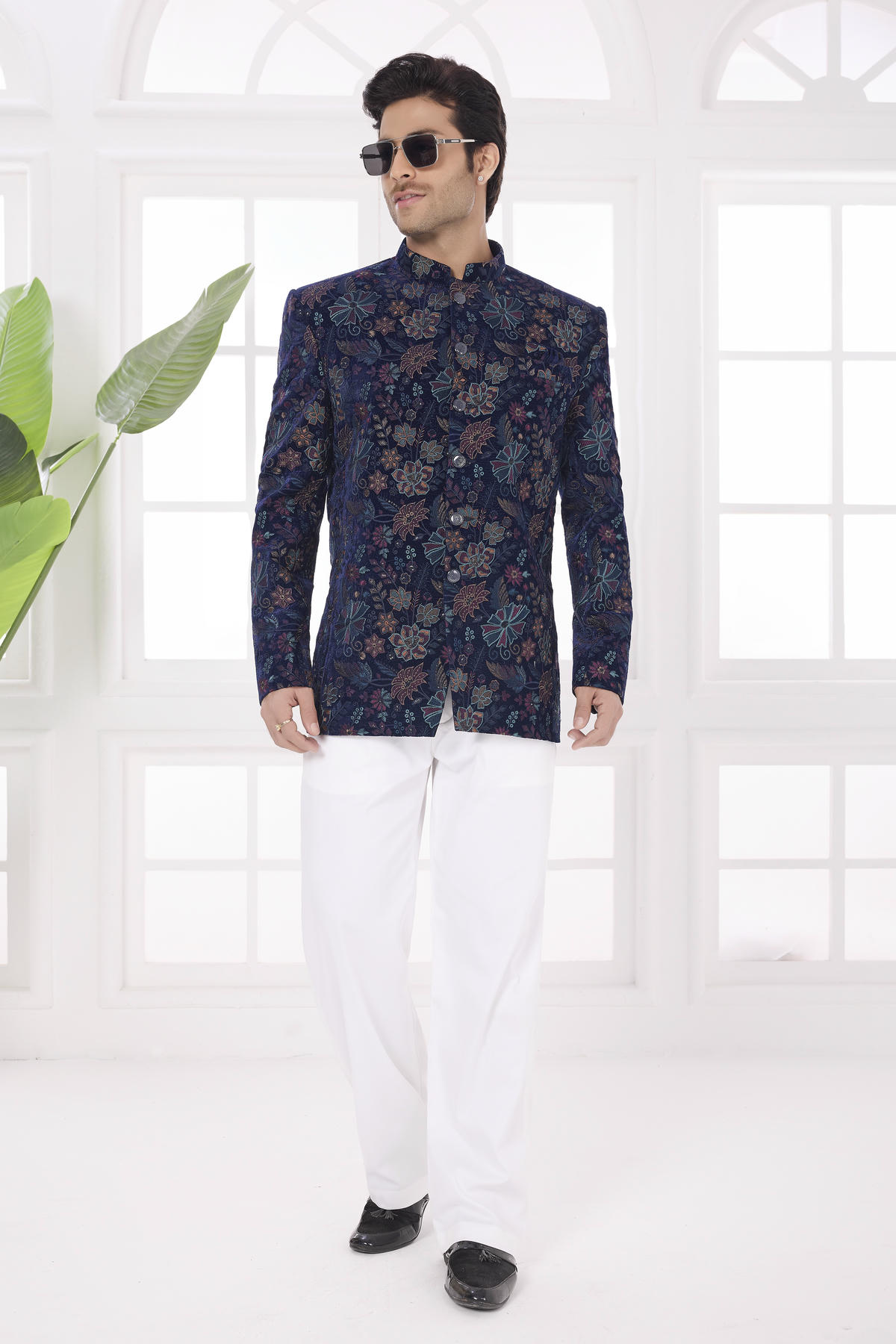 Navy Blue Colour Thread Work Embroidery Velvet Jodhpuri