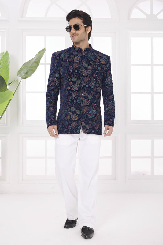 Navy Blue Colour Thread Work Embroidery Velvet Jodhpuri