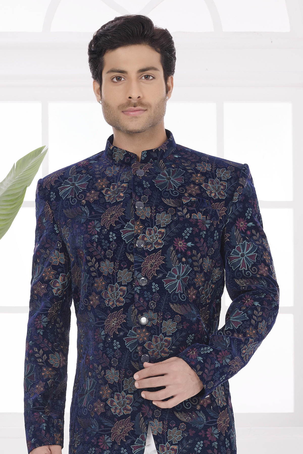 Navy Blue Colour Thread Work Embroidery Velvet Jodhpuri