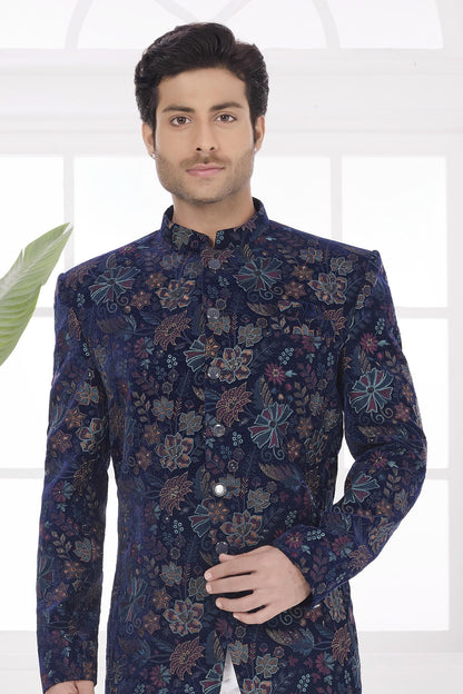 Navy Blue Colour Thread Work Embroidery Velvet Jodhpuri