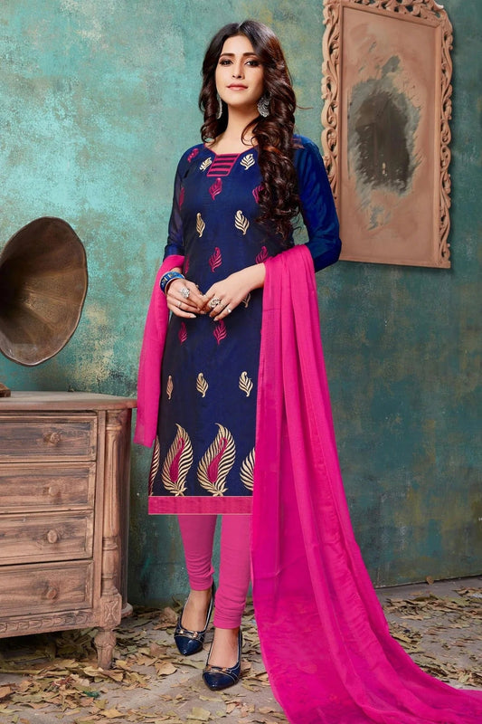 Navy Blue Colour Unstitched Chanderi Cotton Straight Suit US1161192