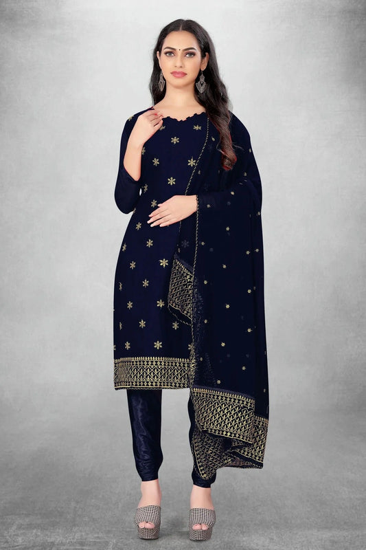Navy Blue Colour Unstitched Georgette Churidar Suit US1160818