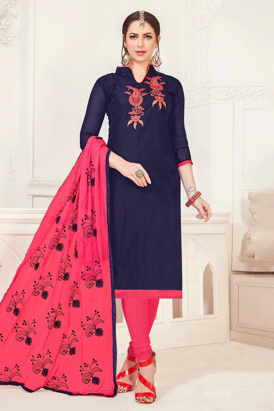Navy Blue Colour Unstitched Modal Silk Churidar Suit US1161107