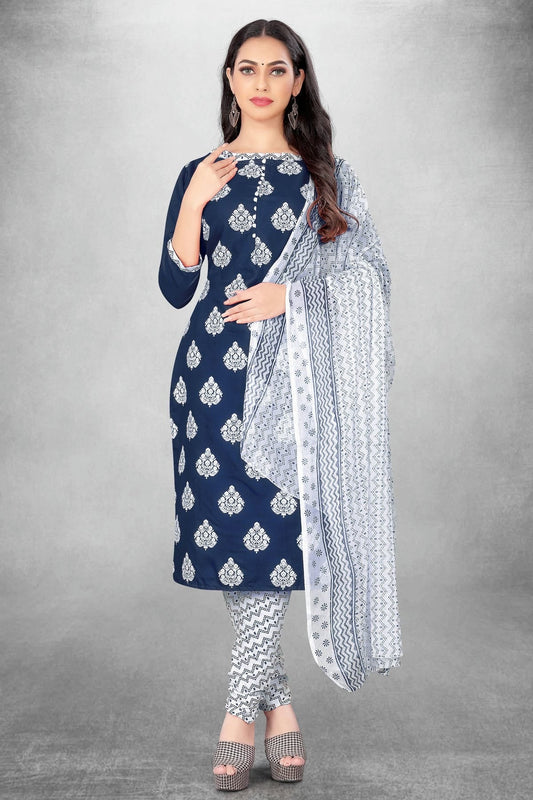 Navy Blue Colour Unstitched Slub Cotton Churidar Suit US1160764