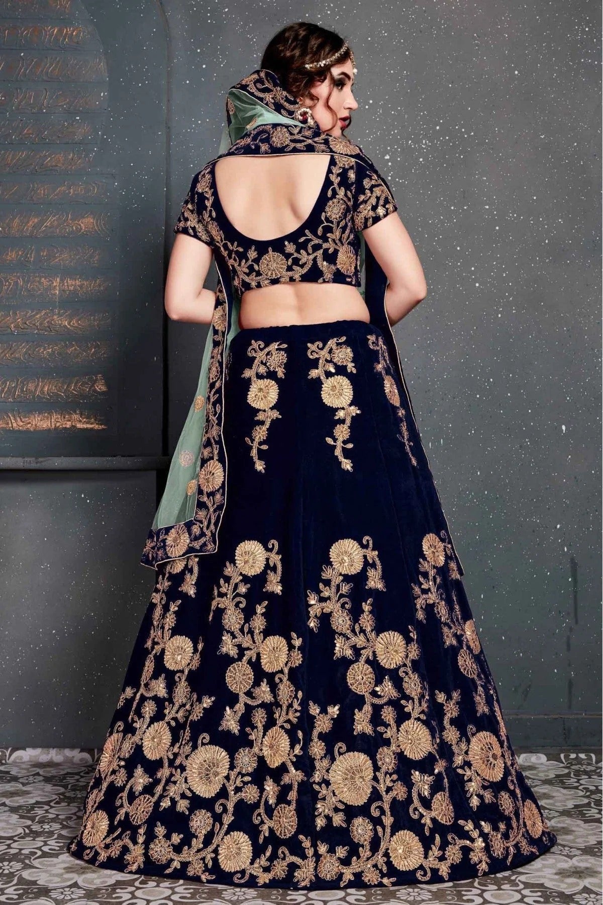 Navy Blue Colour Velvet Lehenga Choli LC1010029 A