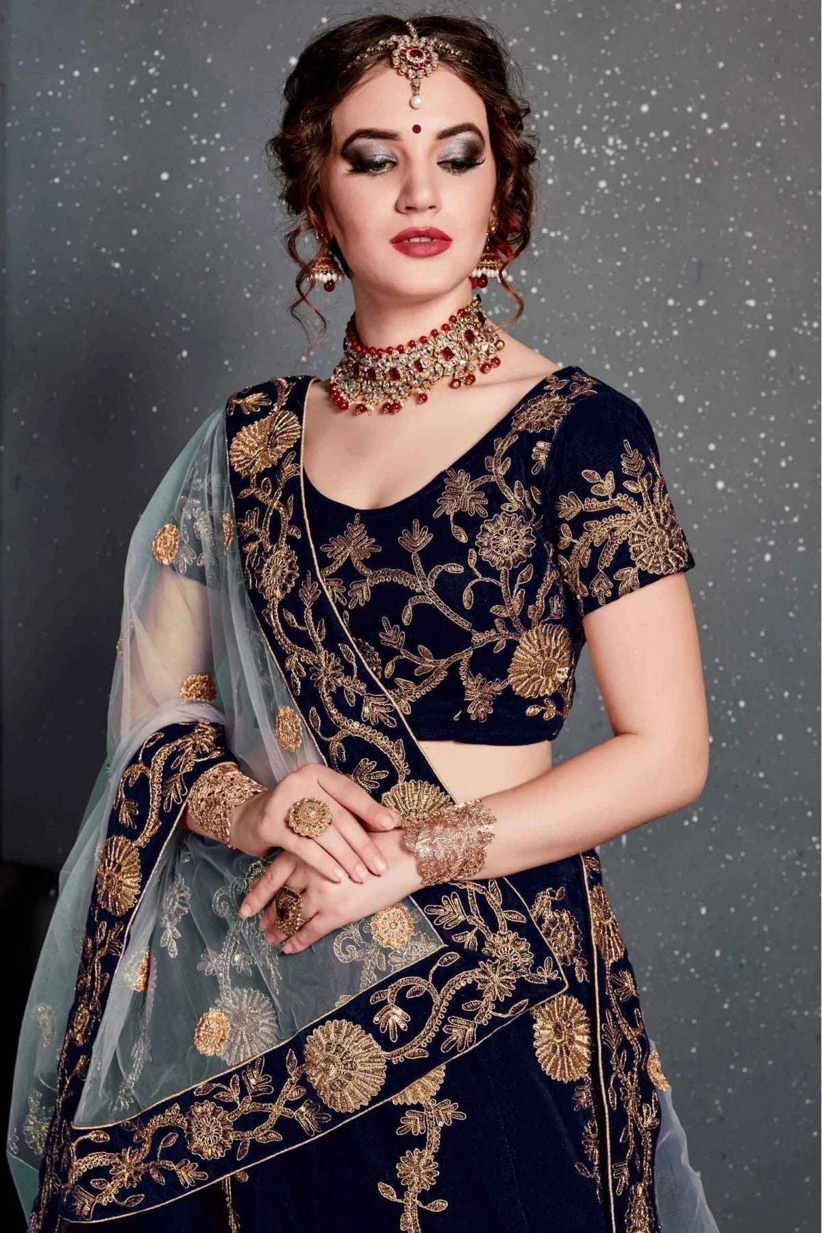 Navy Blue Colour Velvet Lehenga Choli LC1010029 B