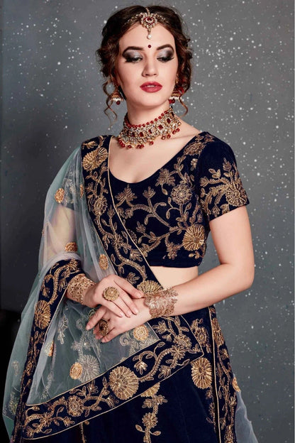 Navy Blue Colour Velvet Lehenga Choli LC1010029 B