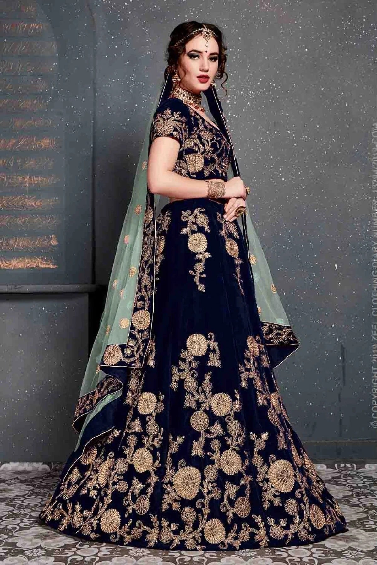 Navy Blue Colour Velvet Lehenga Choli LC1010029 C