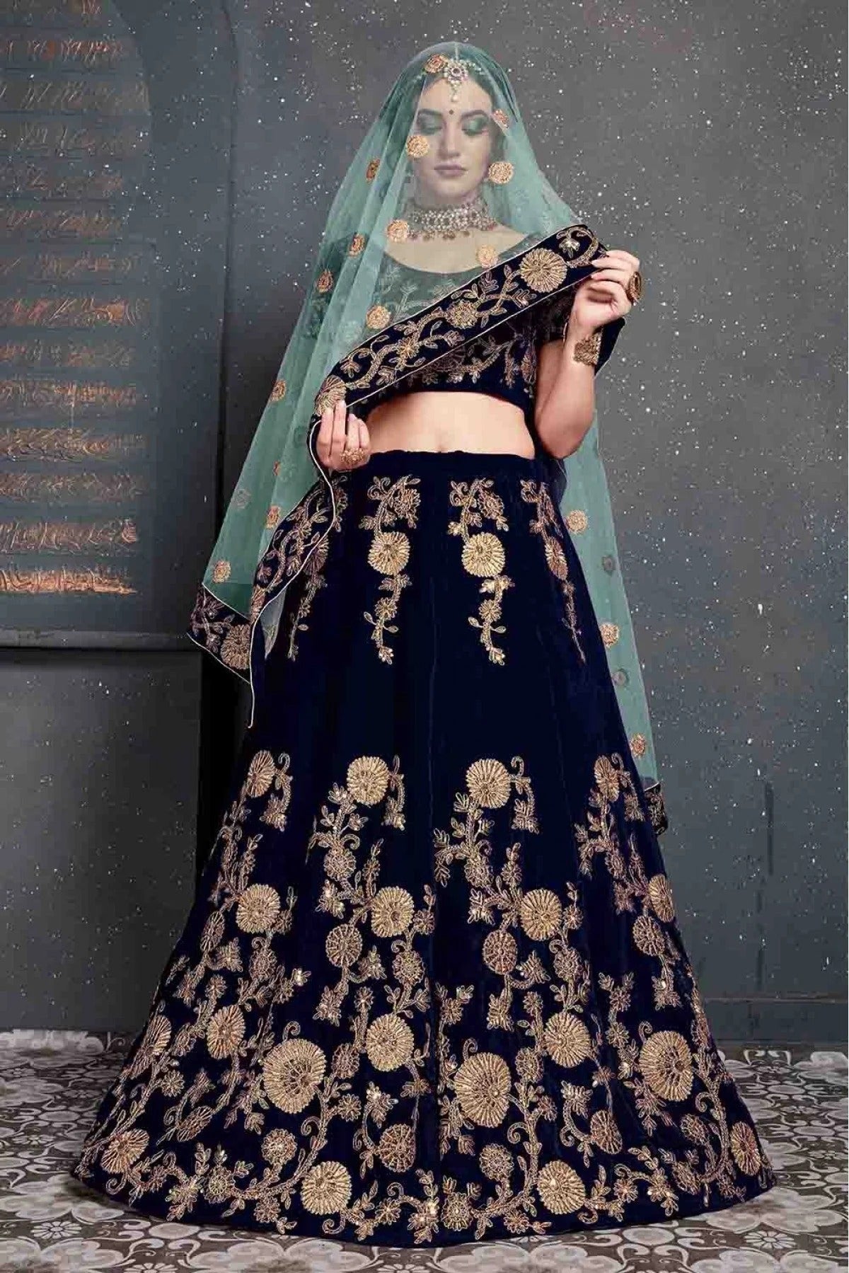 Navy Blue Colour Velvet Lehenga Choli LC1010029 D