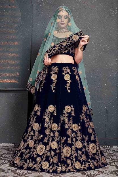 Navy Blue Colour Velvet Lehenga Choli LC1010029 D