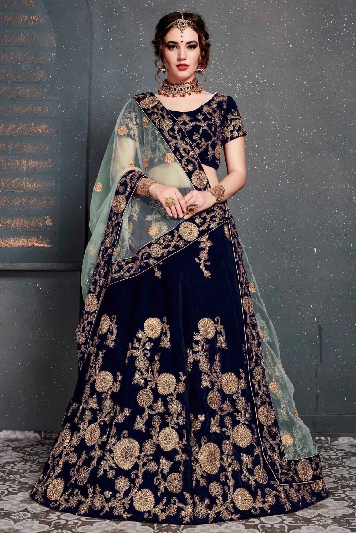 Navy Blue Colour Velvet Lehenga Choli LC1010029