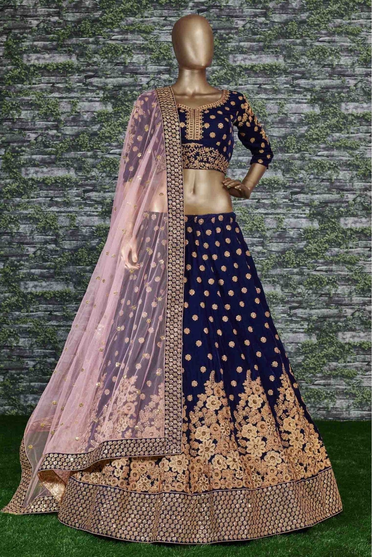 Navy Blue Colour Velvet Lehenga Choli LC1010050 A