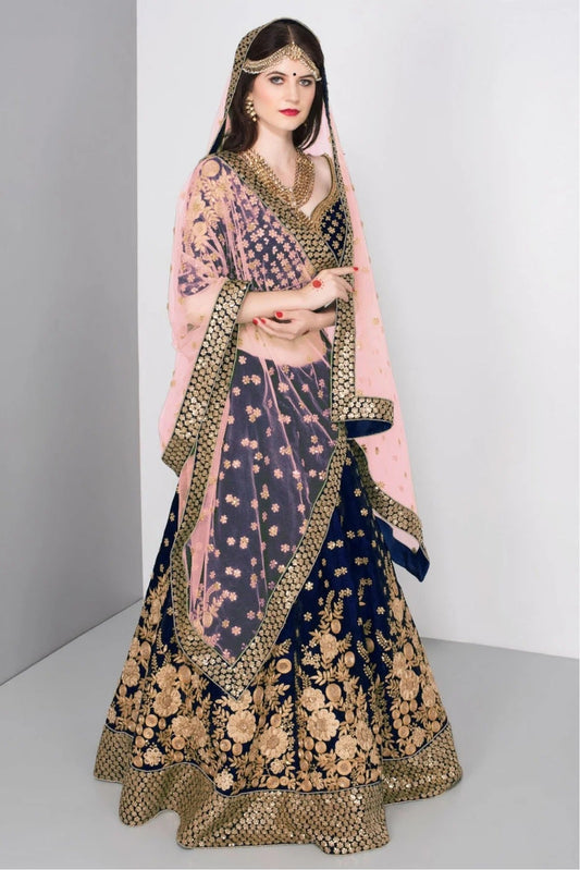 Navy Blue Colour Velvet Lehenga Choli LC1010050