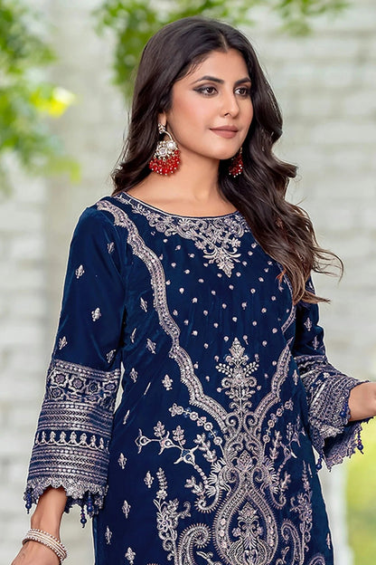 Navy Blue Colour Velvet Semi Stitched Pakistani Suit SM1250210 A