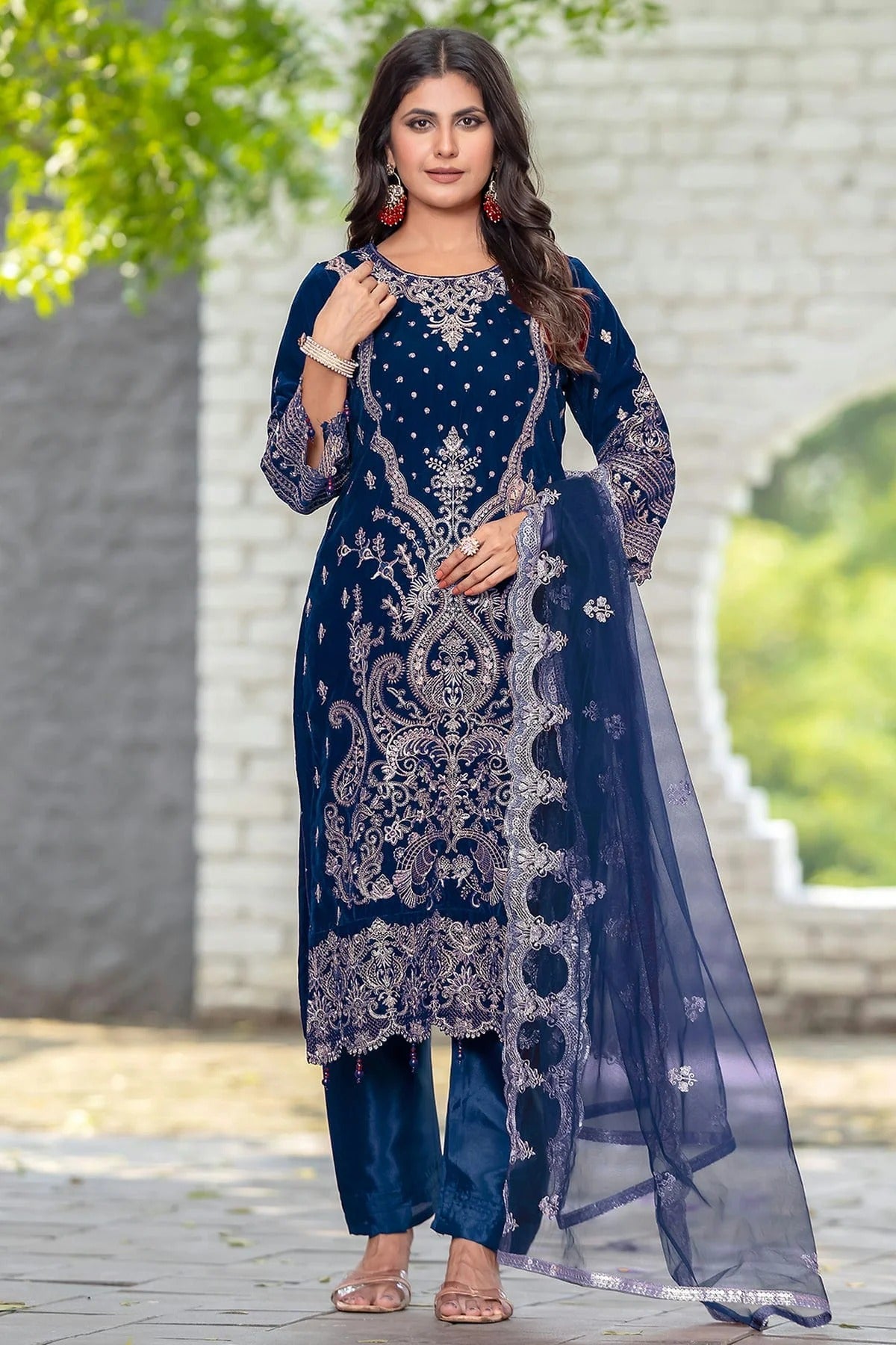 Navy Blue Colour Velvet Semi Stitched Pakistani Suit SM1250210
