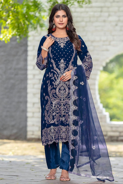 Navy Blue Colour Velvet Semi Stitched Pakistani Suit SM1250210