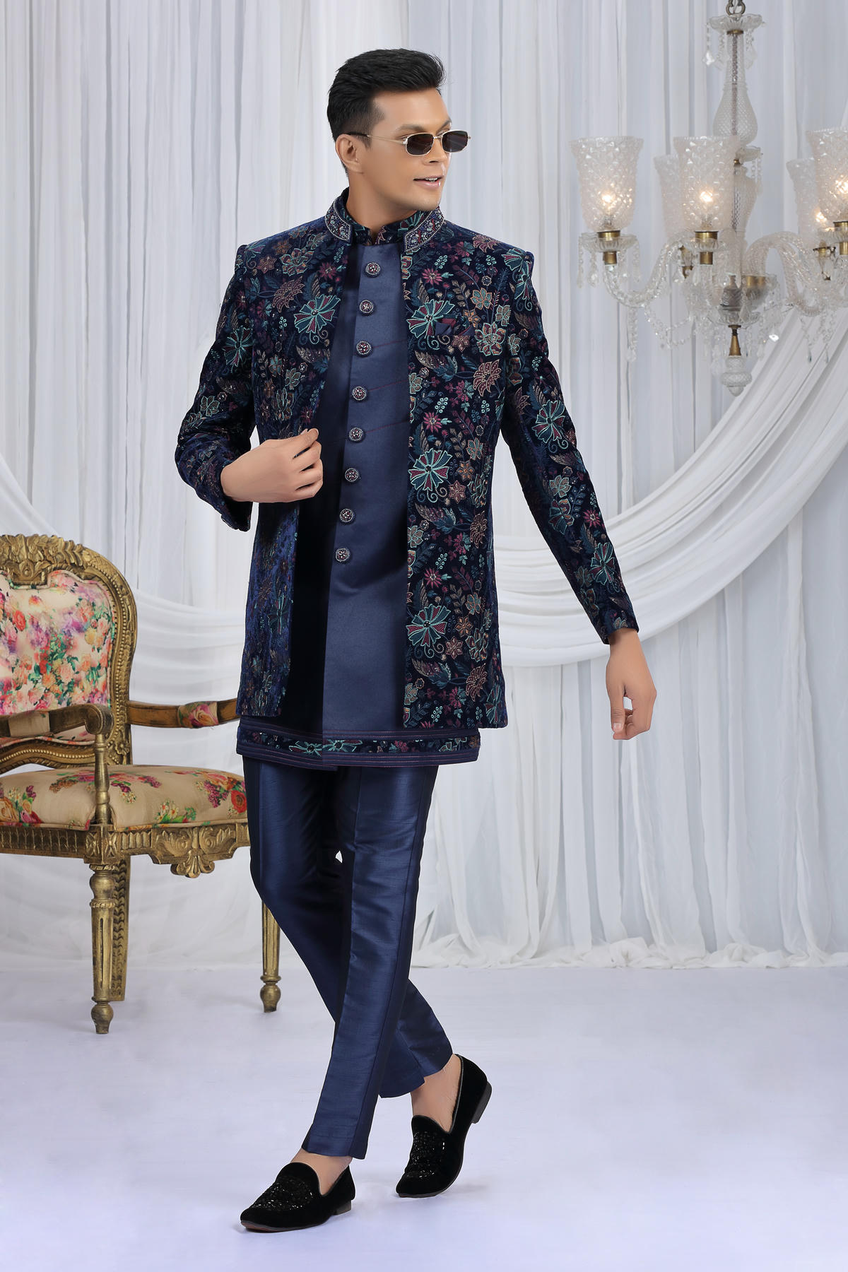 Navy Blue Colour Velvet Silk Embroidery Work 3 Pcs Indo Western Sherwani