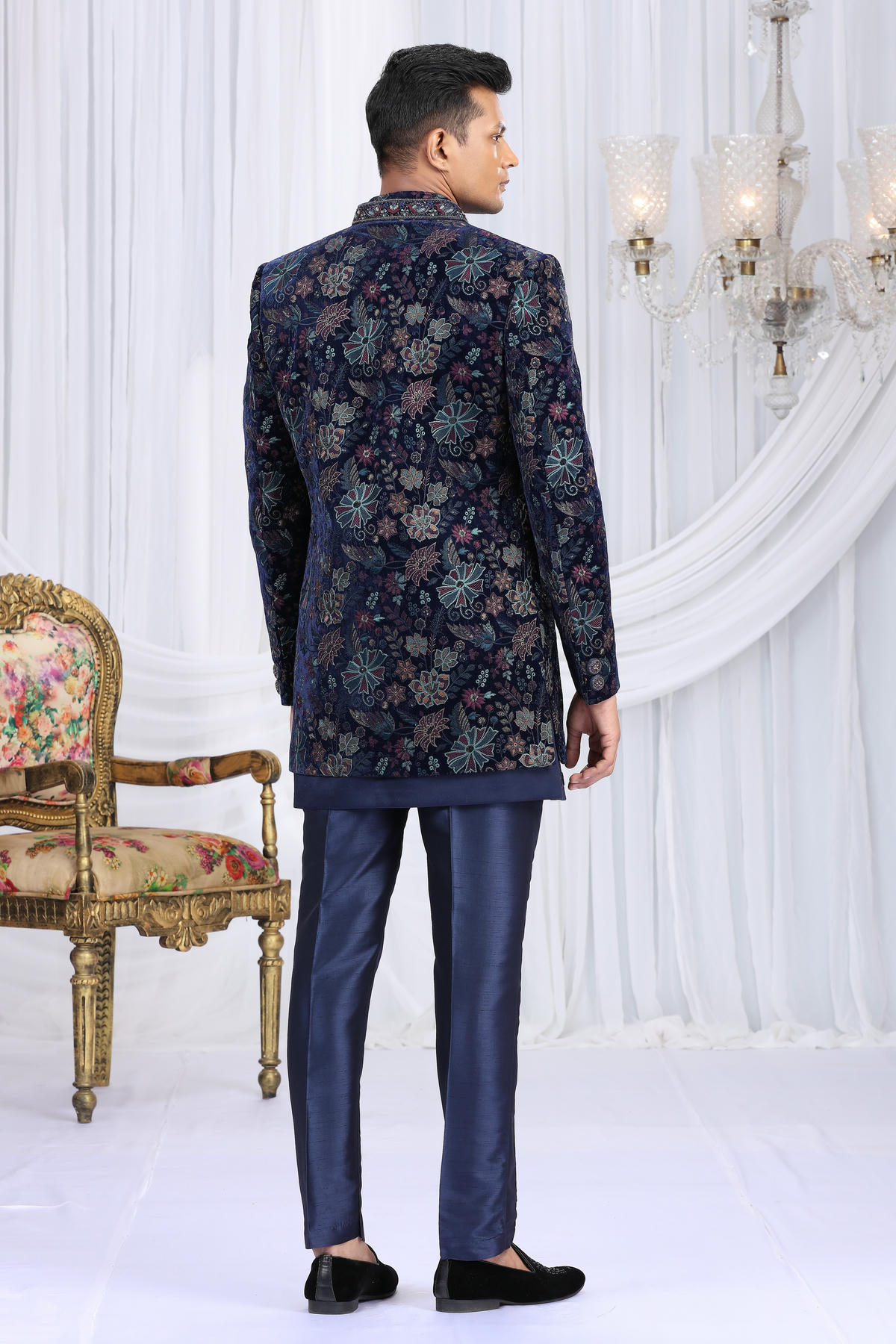 Navy Blue Colour Velvet Silk Embroidery Work 3 Pcs Indo Western Sherwani