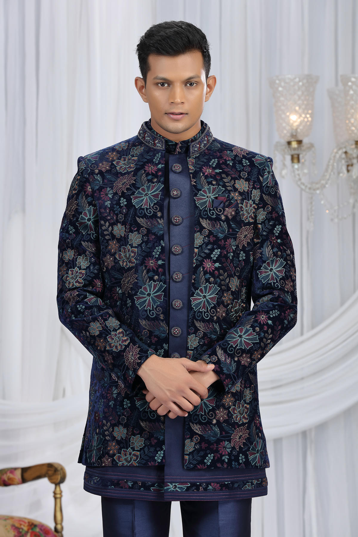 Navy Blue Colour Velvet Silk Embroidery Work 3 Pcs Indo Western Sherwani
