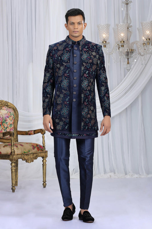 Navy Blue Colour Velvet Silk Embroidery Work 3 Pcs Indo Western Sherwani