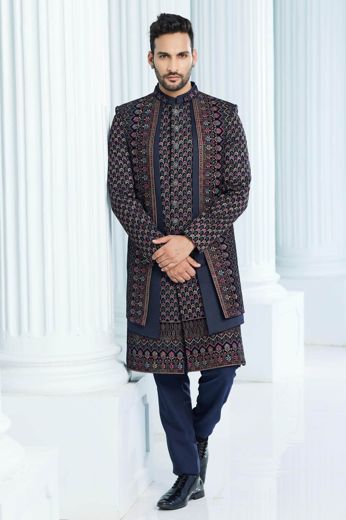Navy Blue Colour Velvet Thread Embroidery Work 3 Pcs Jacket Set