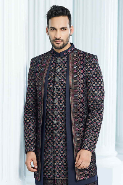 Navy Blue Colour Velvet Thread Embroidery Work 3 Pcs Jacket Set