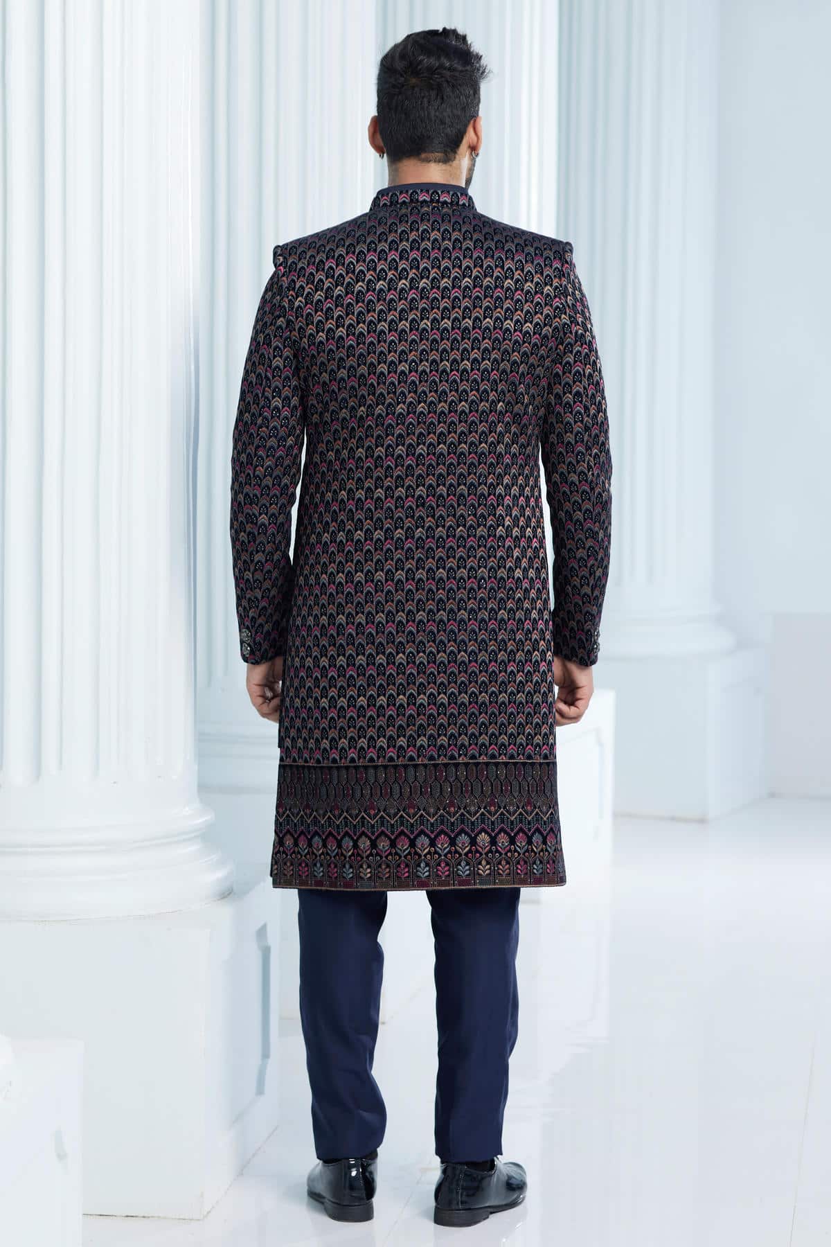 Navy Blue Colour Velvet Thread Embroidery Work 3 Pcs Jacket Set