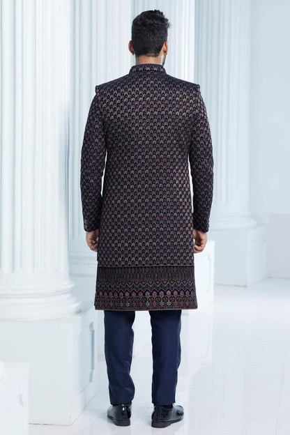 Navy Blue Colour Velvet Thread Embroidery Work 3 Pcs Jacket Set