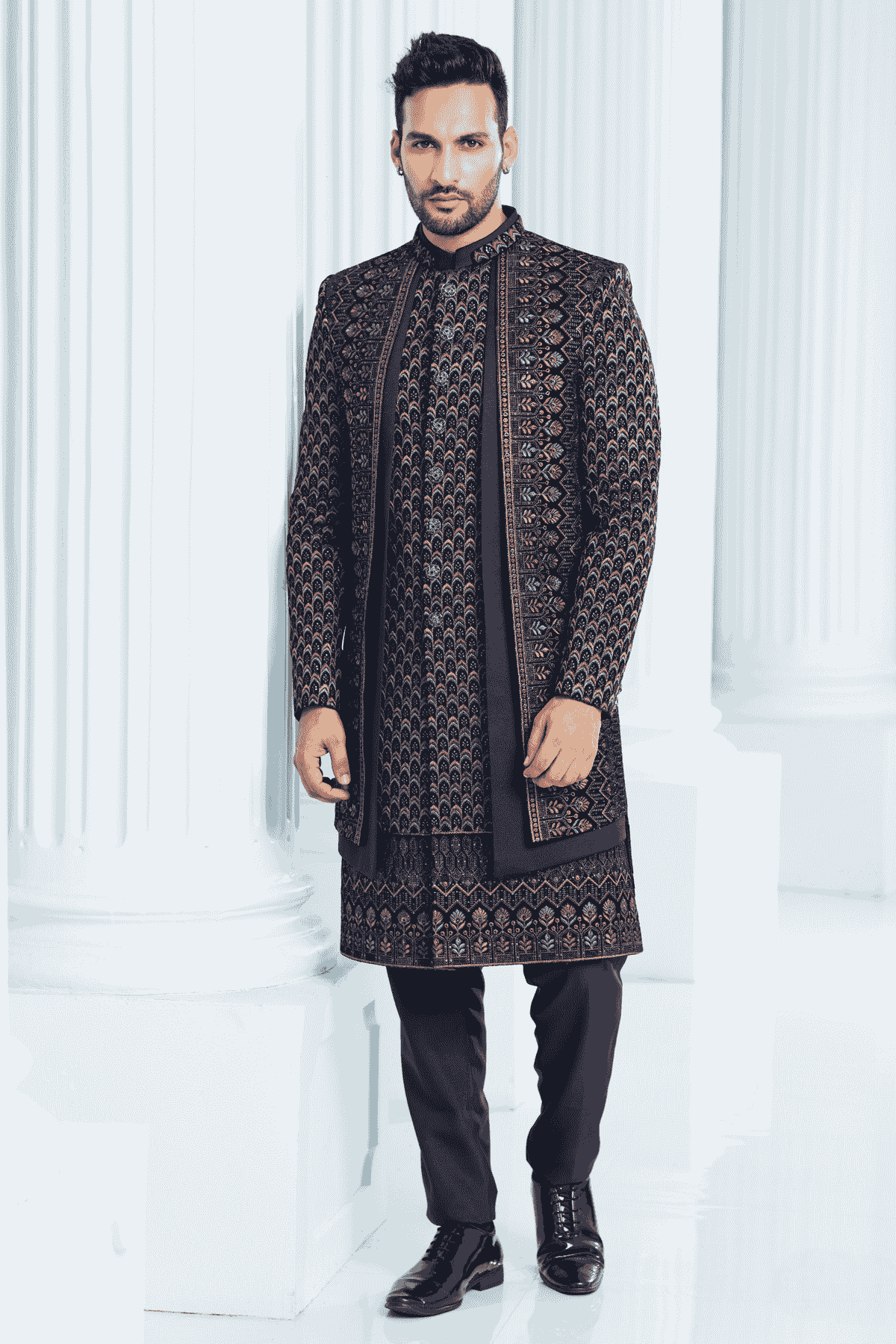 Navy Blue Colour Velvet Thread Embroidery Work 3 Pcs Jacket Set