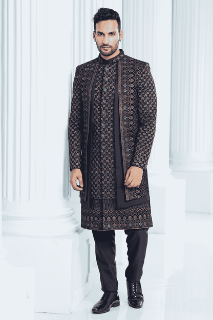 Navy Blue Colour Velvet Thread Embroidery Work 3 Pcs Jacket Set