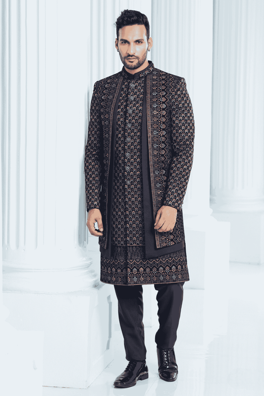 Navy Blue Colour Velvet Thread Embroidery Work 3 Pcs Jacket Set