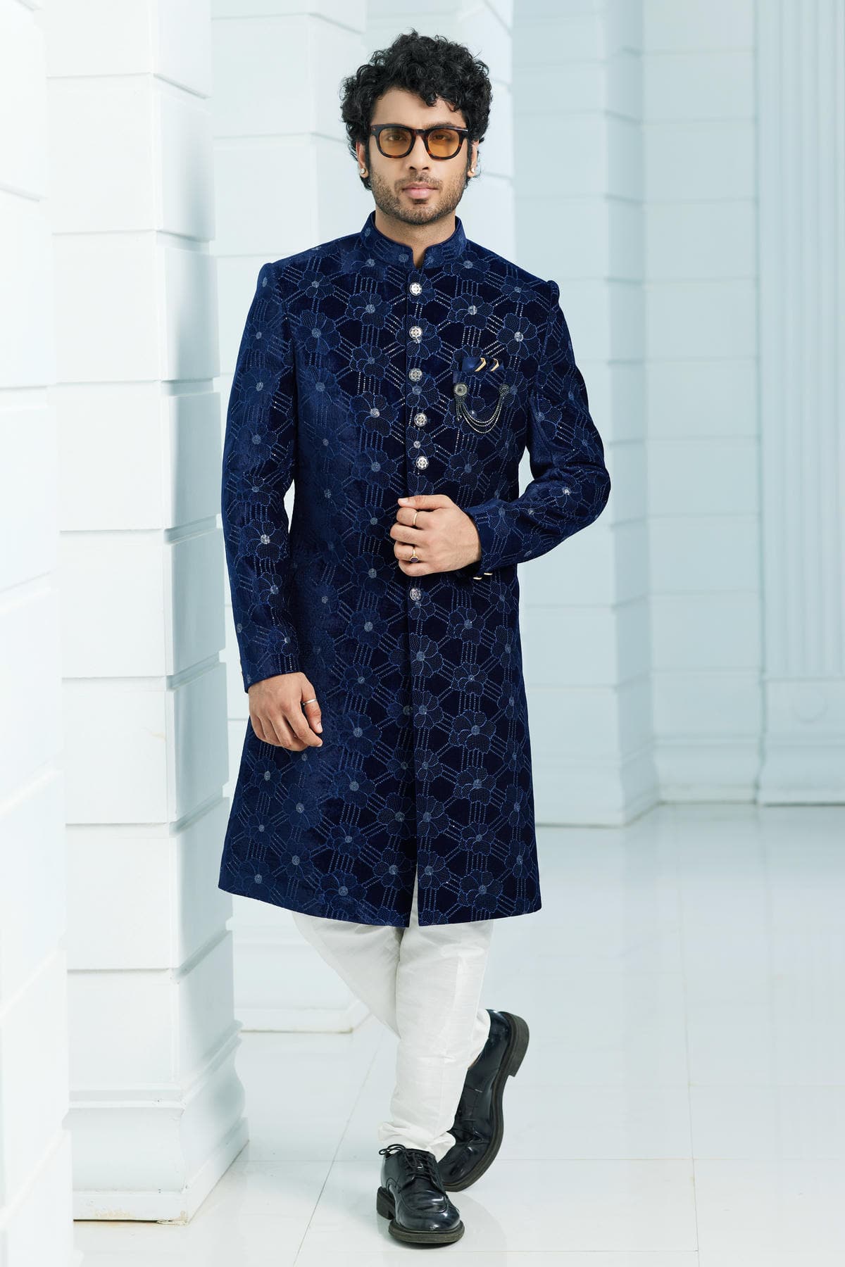 Navy Blue Colour Velvet Thread Embroidery Work Indo Western
