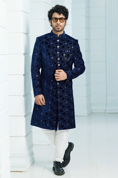 Navy Blue Colour Velvet Thread Embroidery Work Indo Western