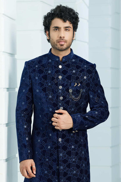Navy Blue Colour Velvet Thread Embroidery Work Indo Western