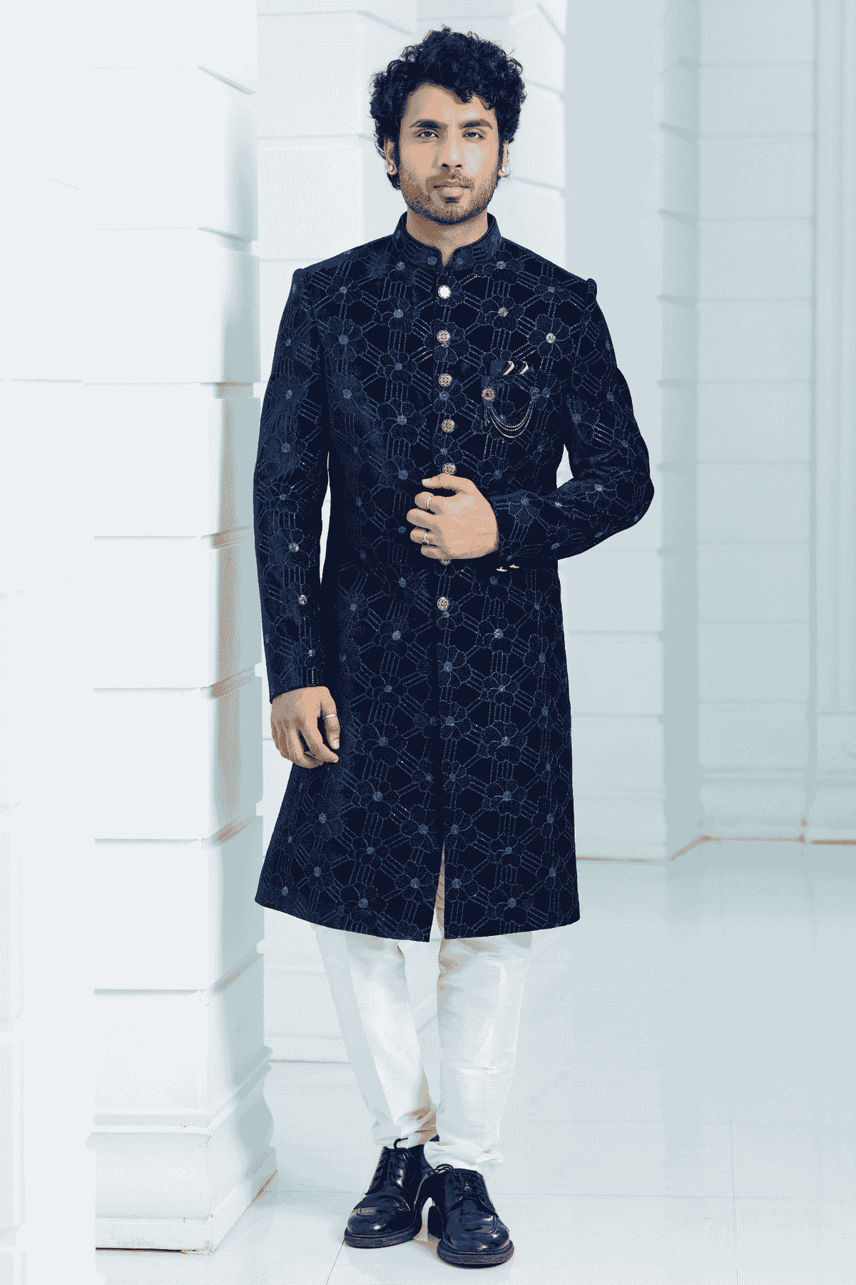 Navy Blue Colour Velvet Thread Embroidery Work Indo Western