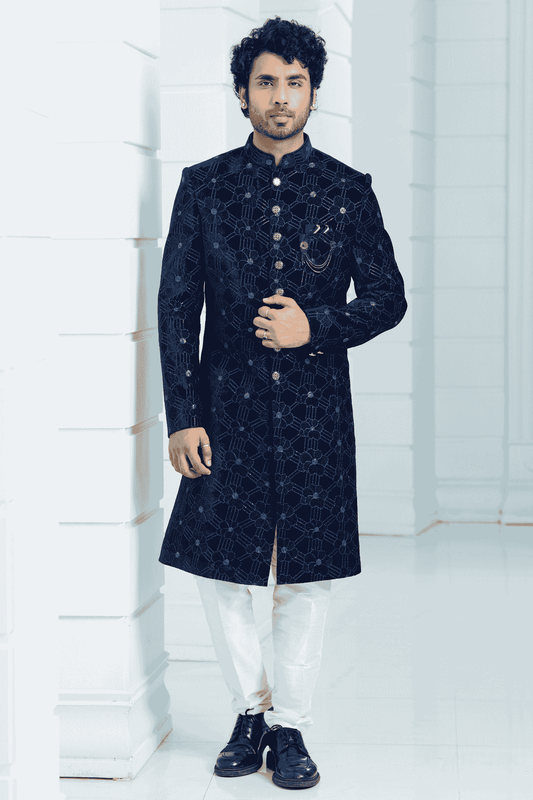 Navy Blue Colour Velvet Thread Embroidery Work Indo Western